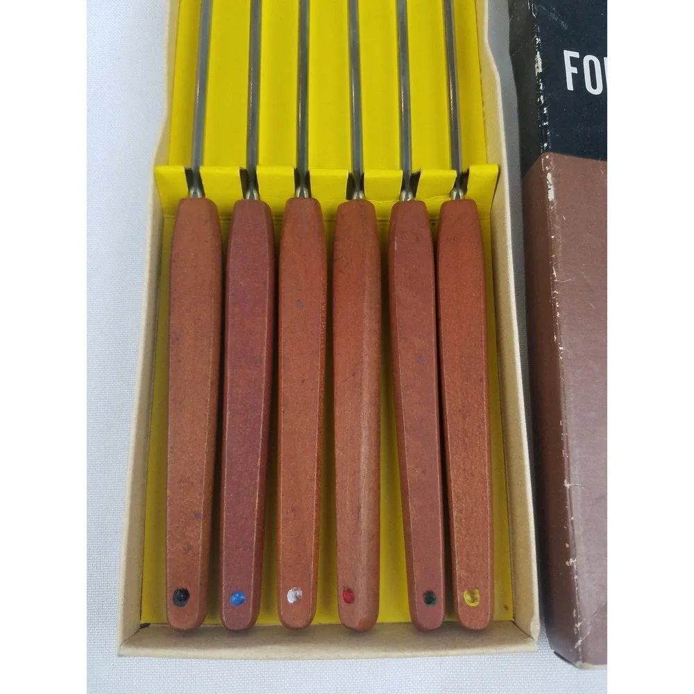 Vtg stainless steel fondue forks wood handles‎ set of 6 Japan mid century kit